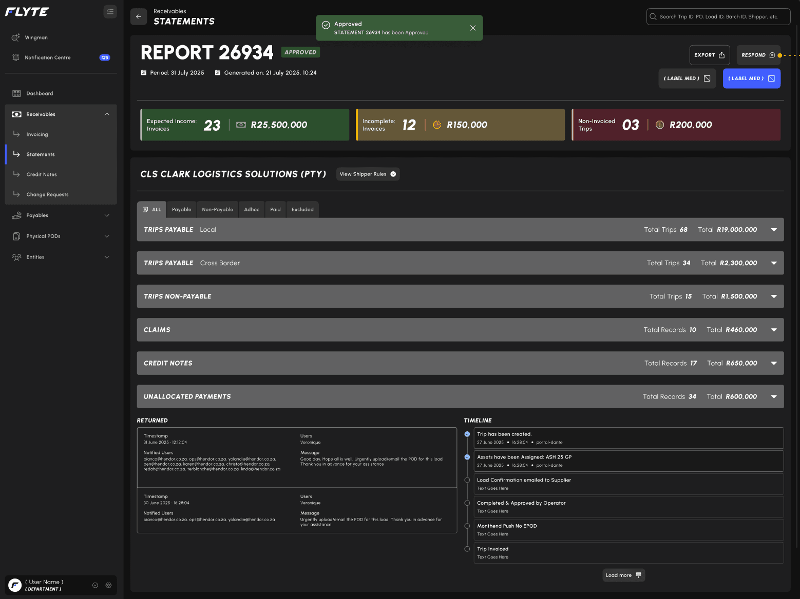 Flyte Receivables Statements Dashboard